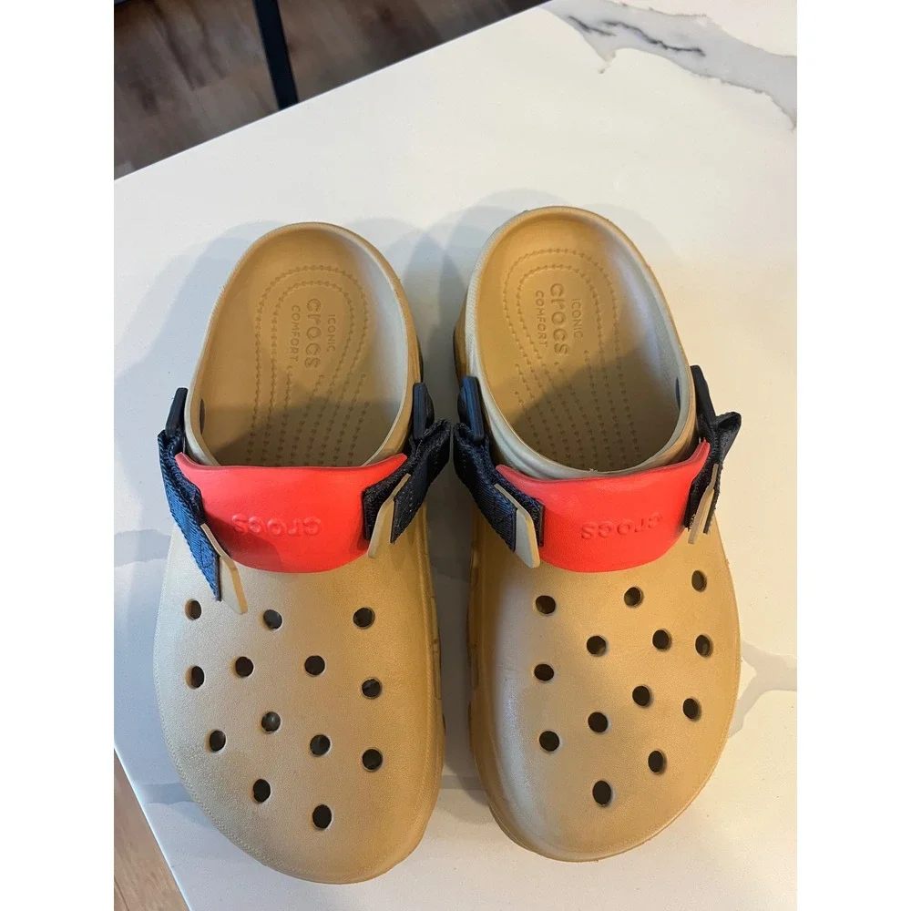 Crocs Classic Tan Clogs Red Blue Strap Comfort Slip On Shoes Men Women Size 9 11